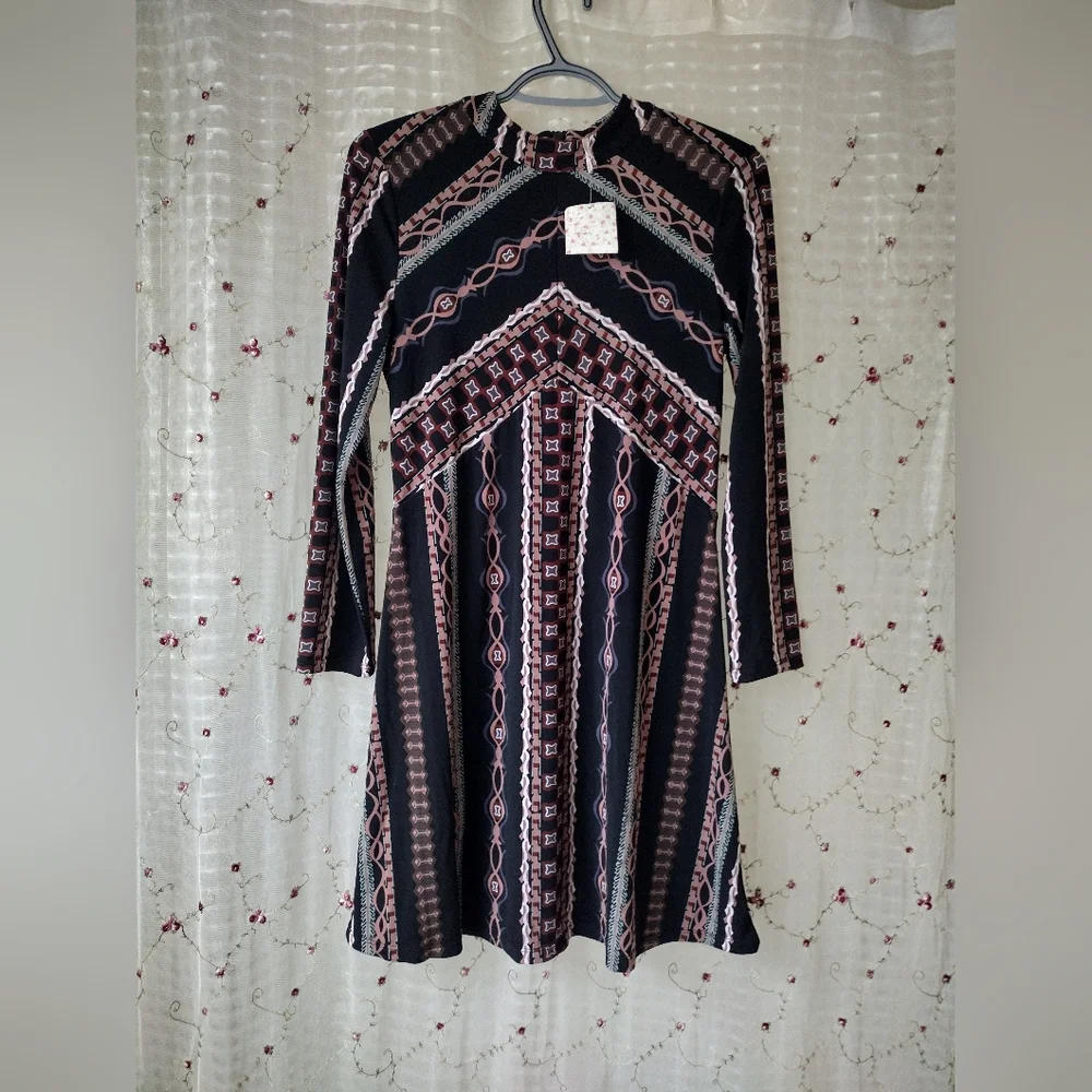 NWT Free People  Stella knit Black and Pink Patterned Mini Dress